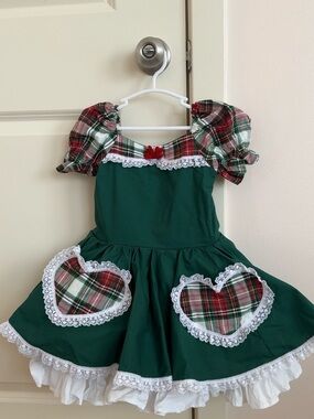 Girls Green Plaid Holiday Party Dress with Lace Trim
